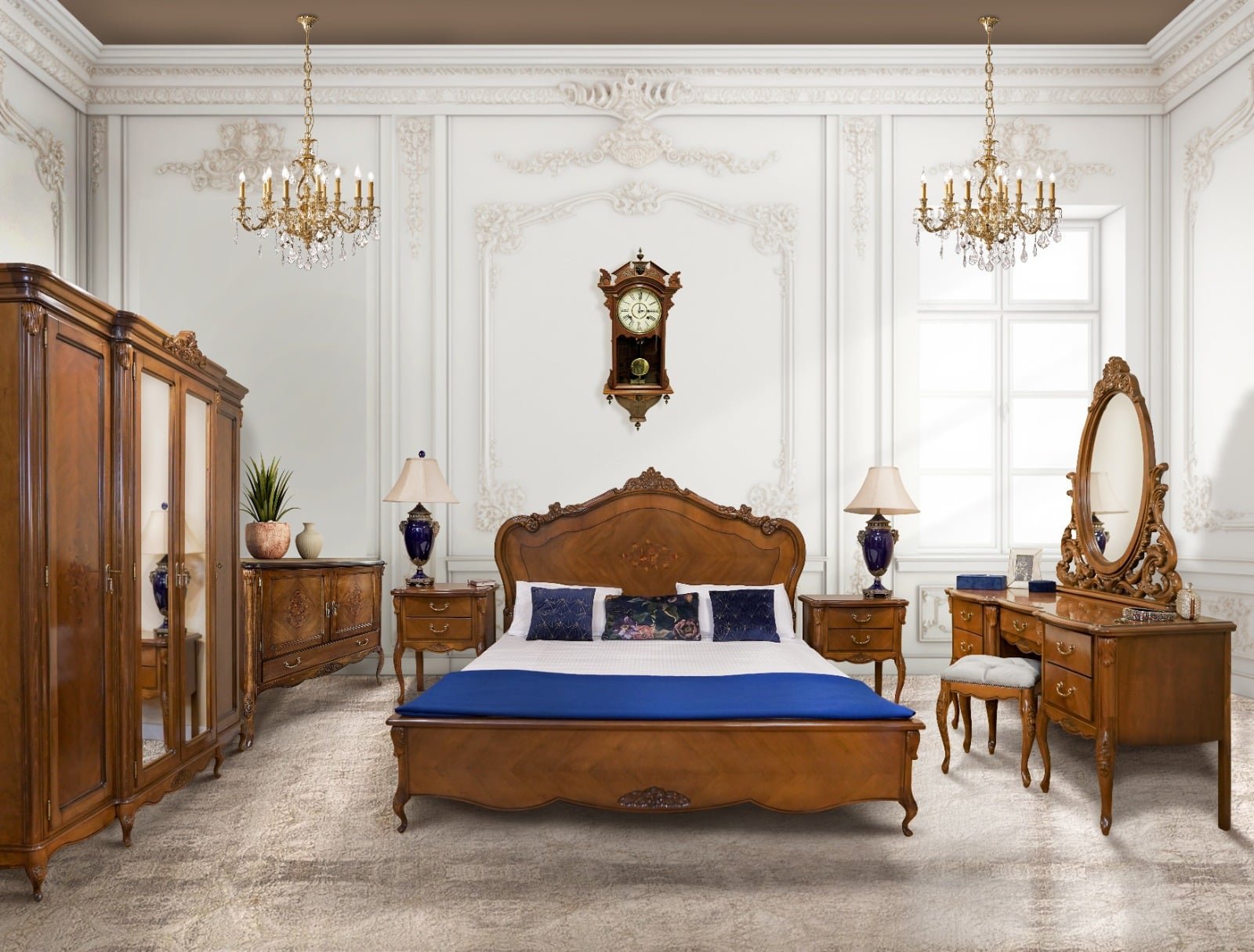 Dormitor INA lemn masiv sculptat cu intarsie Cires Nuc