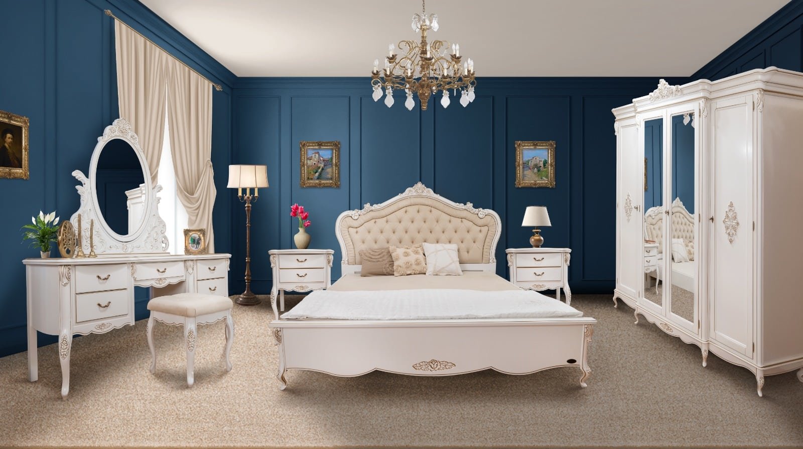 Dormitor ISA lemn masiv sculptat cu intarsie ALB / Crem