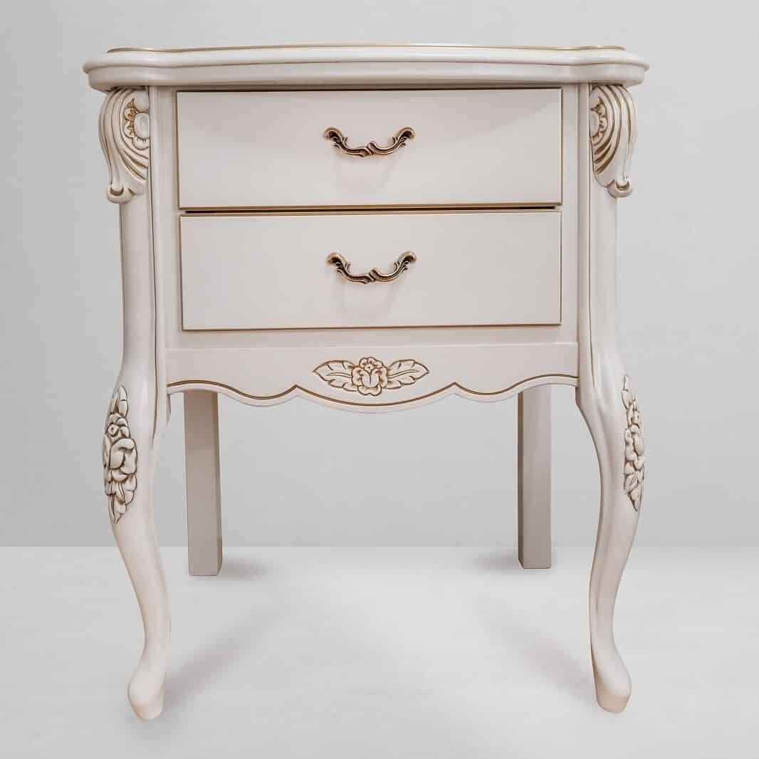 Dormitor ISA lemn masiv sculptat cu intarsie ALB / Crem