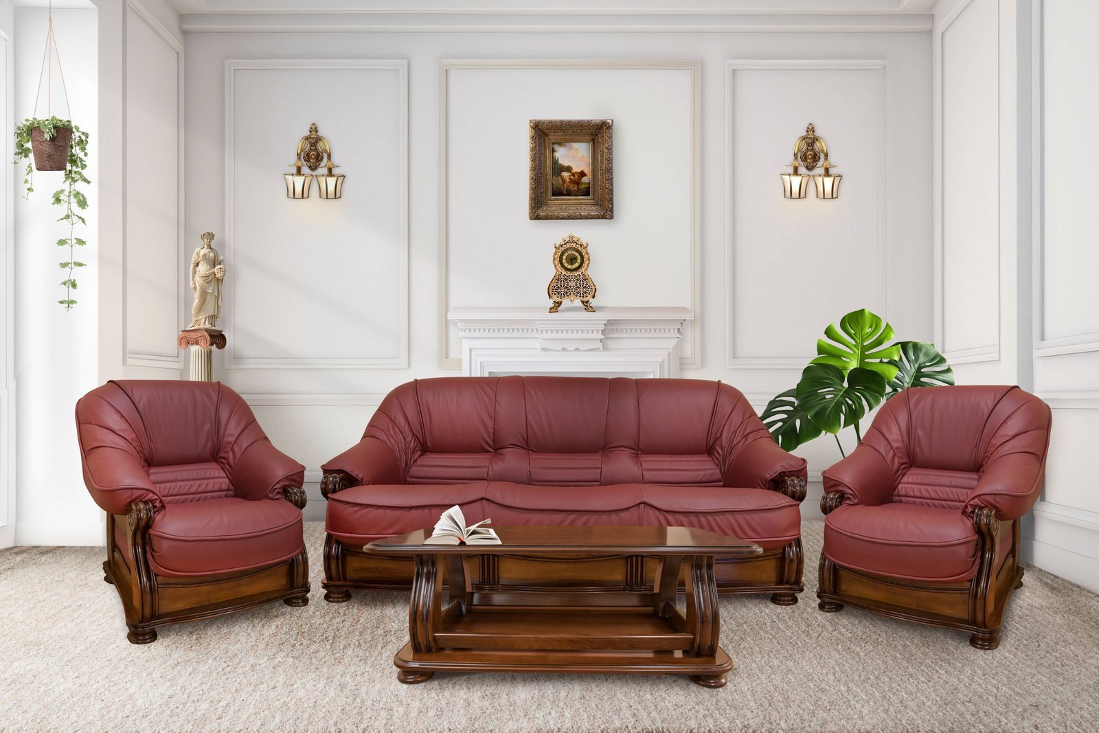 Set Canapea Piele Naturala clasica cu lemn masiv -  si fotoliu CASTELARII  (2)