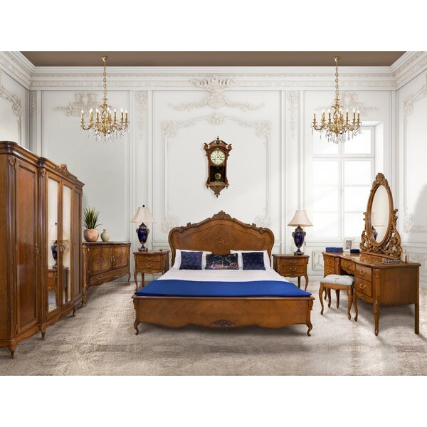 Dormitor INA lemn masiv sculptat cu intarsie Cires Nuc